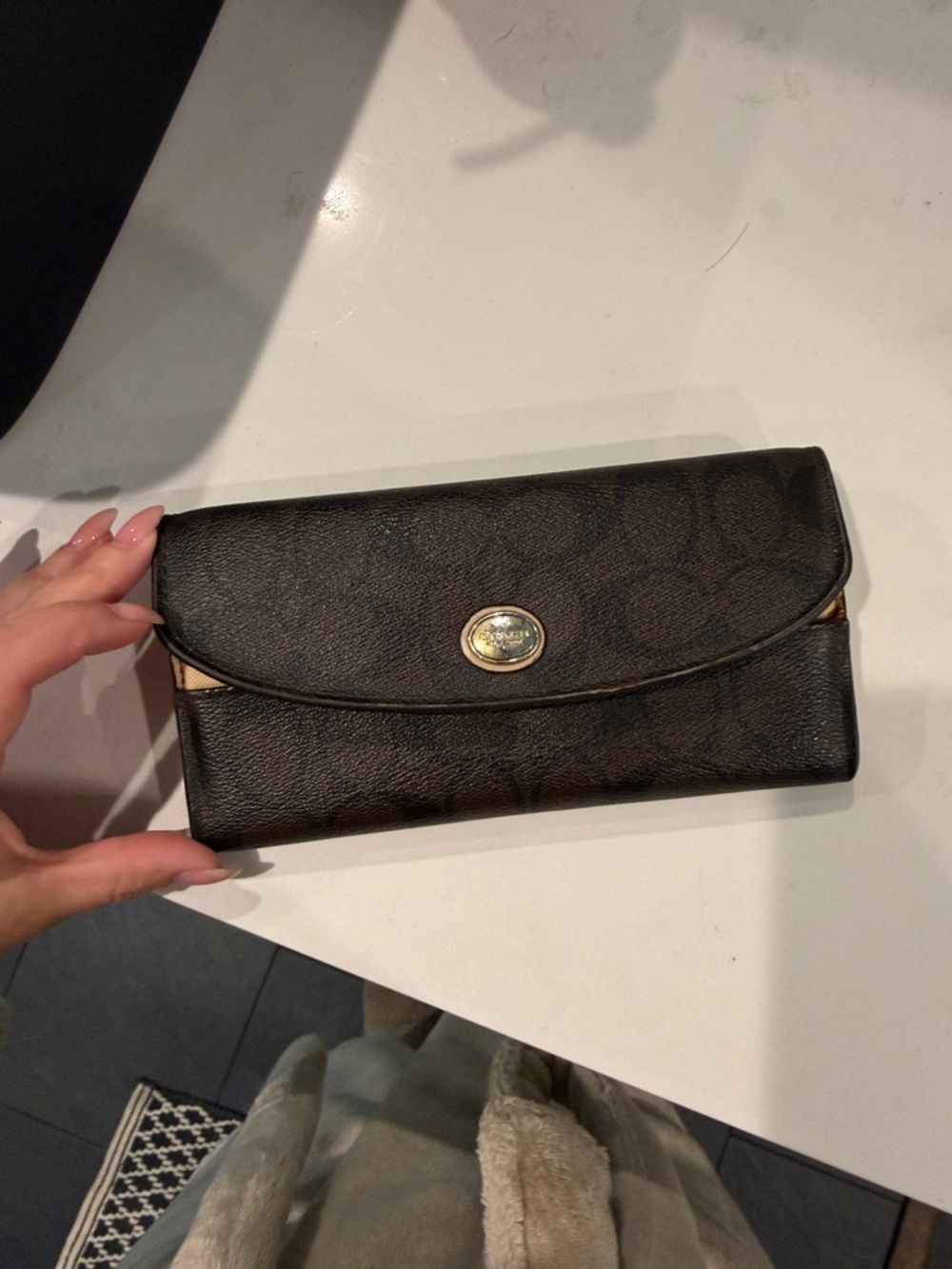 Coach Brown Signature Continental Wallet with Gold Accent